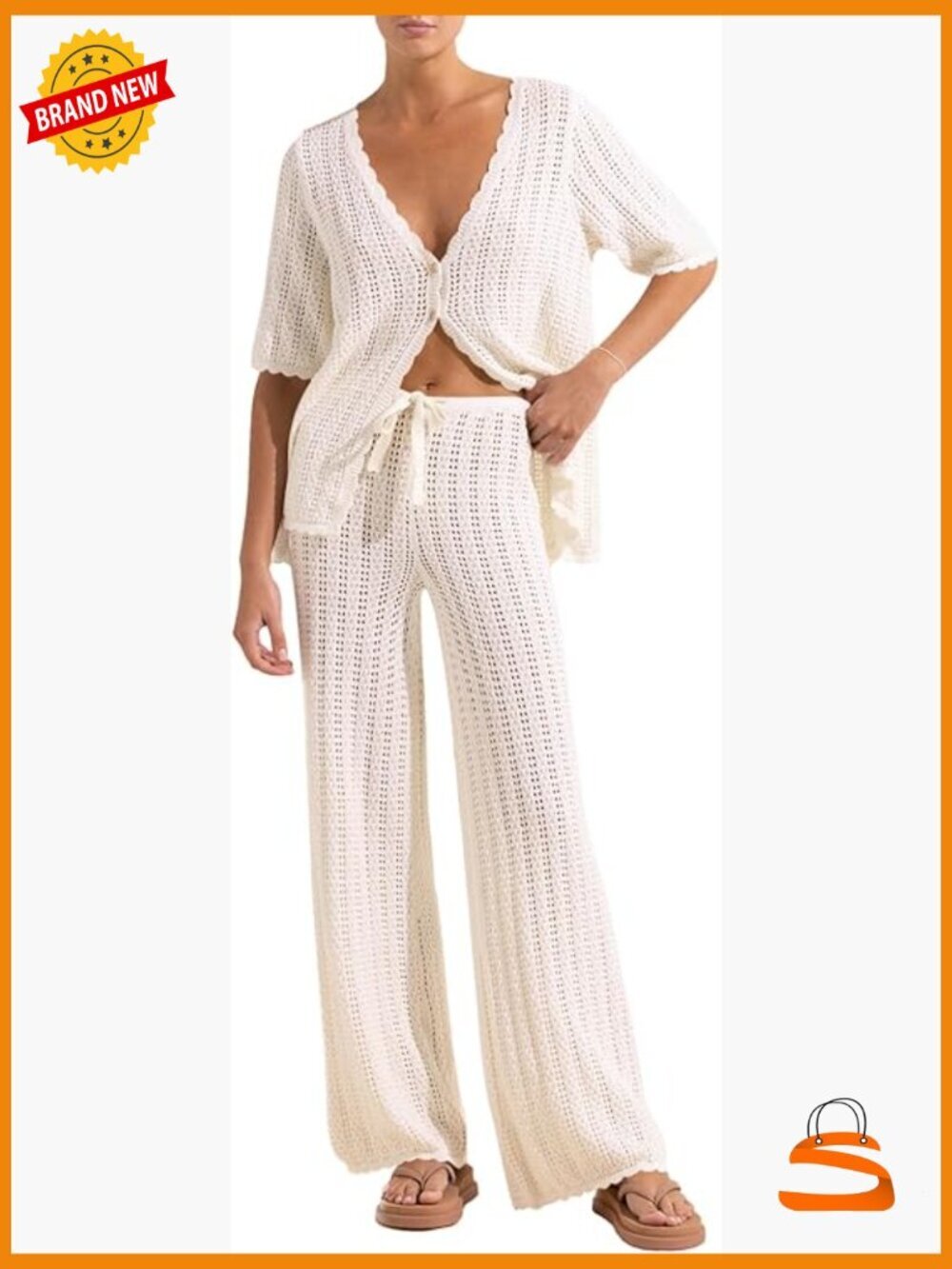 2 Piece Crochet Knit Cover Up Set - Cardigan & Wide Leg Pants